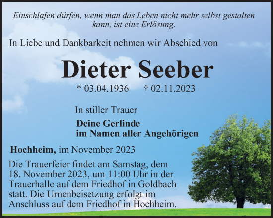 Traueranzeige von Dieter Seeber von Thüringer Allgemeine, Thüringische Landeszeitung