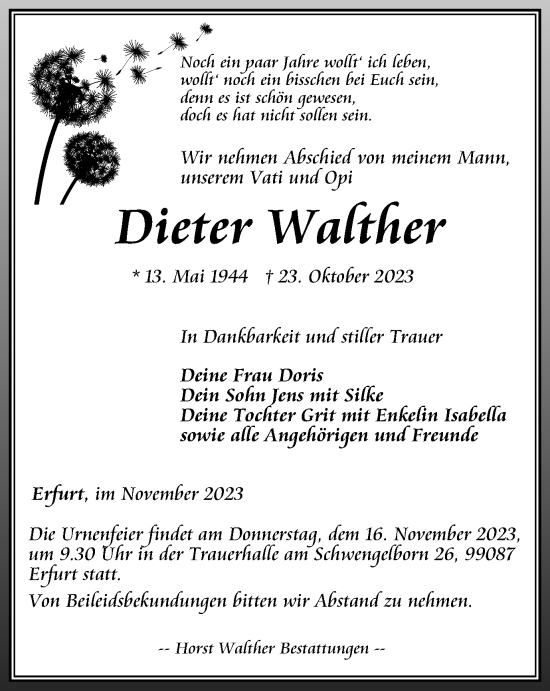 Traueranzeige von Dieter Walther