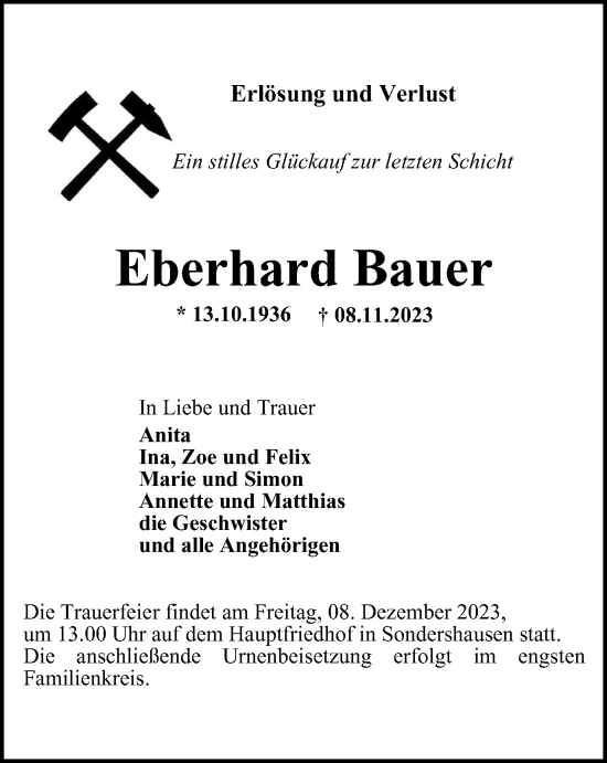 Traueranzeige von Eberhard Bauer