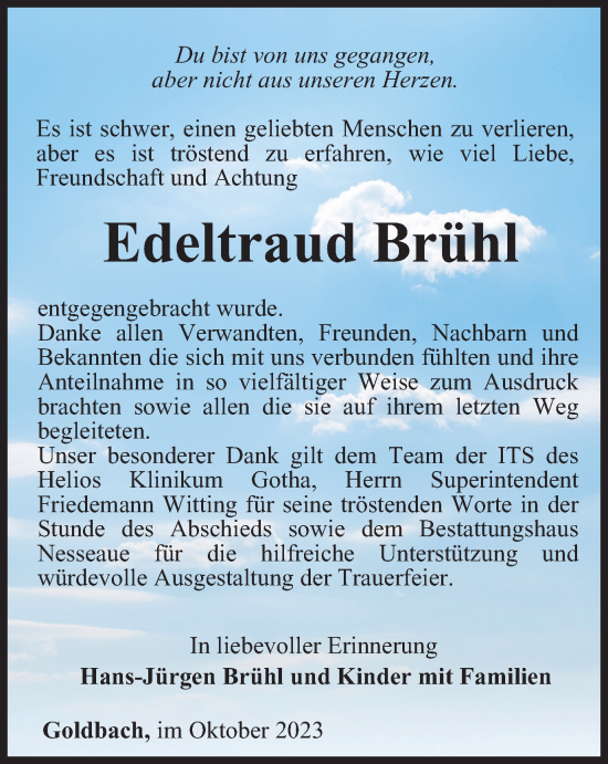 Traueranzeige von Edeltraud Brühl von Thüringer Allgemeine, Thüringische Landeszeitung