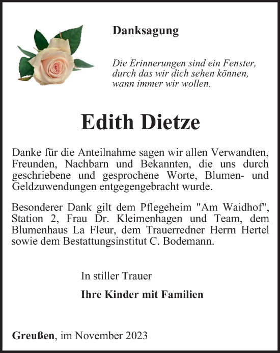 Traueranzeige von Edith Dietze