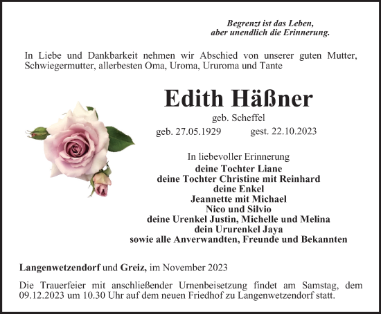 Traueranzeige von Edith Häßner