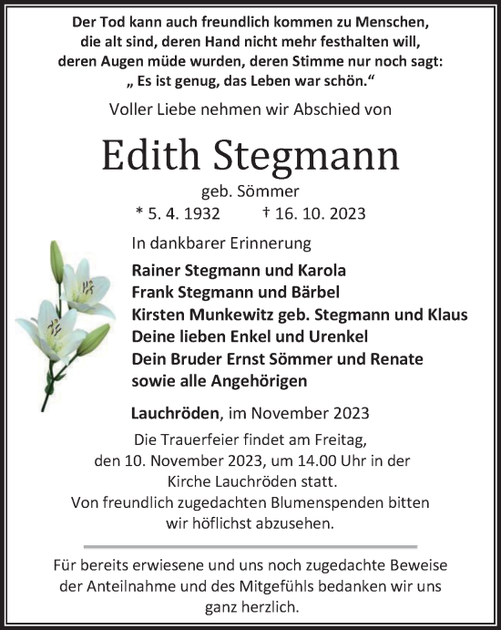 Traueranzeige von Edith Stegmann von Thüringer Allgemeine, Thüringische Landeszeitung