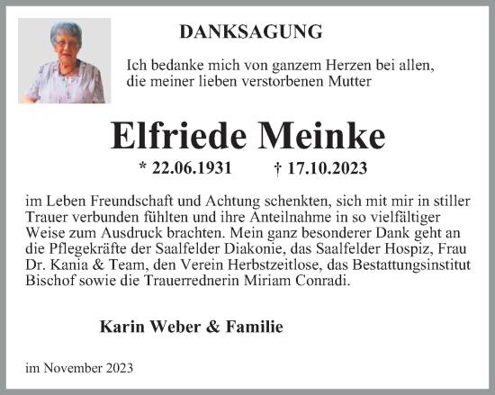 Traueranzeige von Elfriede Meinke von Ostthüringer Zeitung
