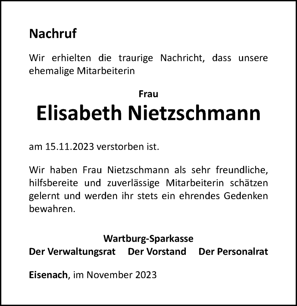  Traueranzeige für Elisabeth Nietzschmann vom 25.11.2023 aus Thüringer Allgemeine, Thüringische Landeszeitung