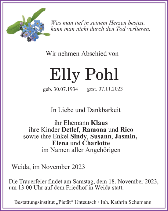 Traueranzeige von Elly Pohl von Ostthüringer Zeitung