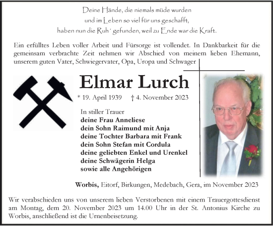 Traueranzeige von Elmar Lurch von Thüringer Allgemeine