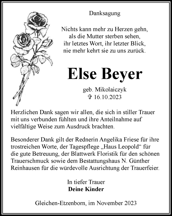 Traueranzeige von Else Beyer von Thüringer Allgemeine