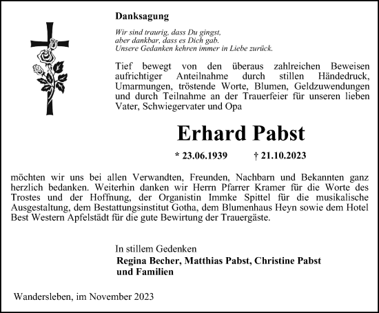 Traueranzeige von Erhard Pabst von Thüringer Allgemeine, Thüringische Landeszeitung