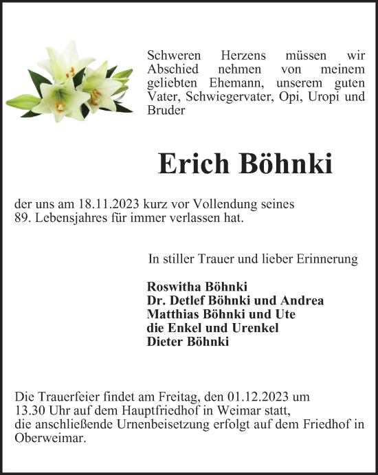 Traueranzeige von Erich Böhnki von Thüringer Allgemeine, Thüringische Landeszeitung