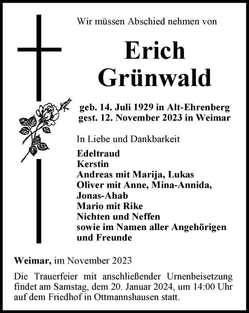  Traueranzeige für Erich Grünwald vom 25.11.2023 aus Thüringer Allgemeine, Thüringische Landeszeitung