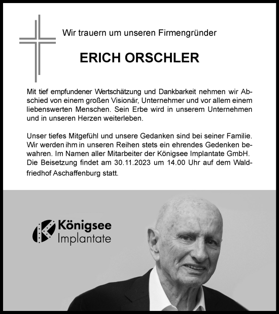 Traueranzeige von Erich Orschler von Ostthüringer Zeitung