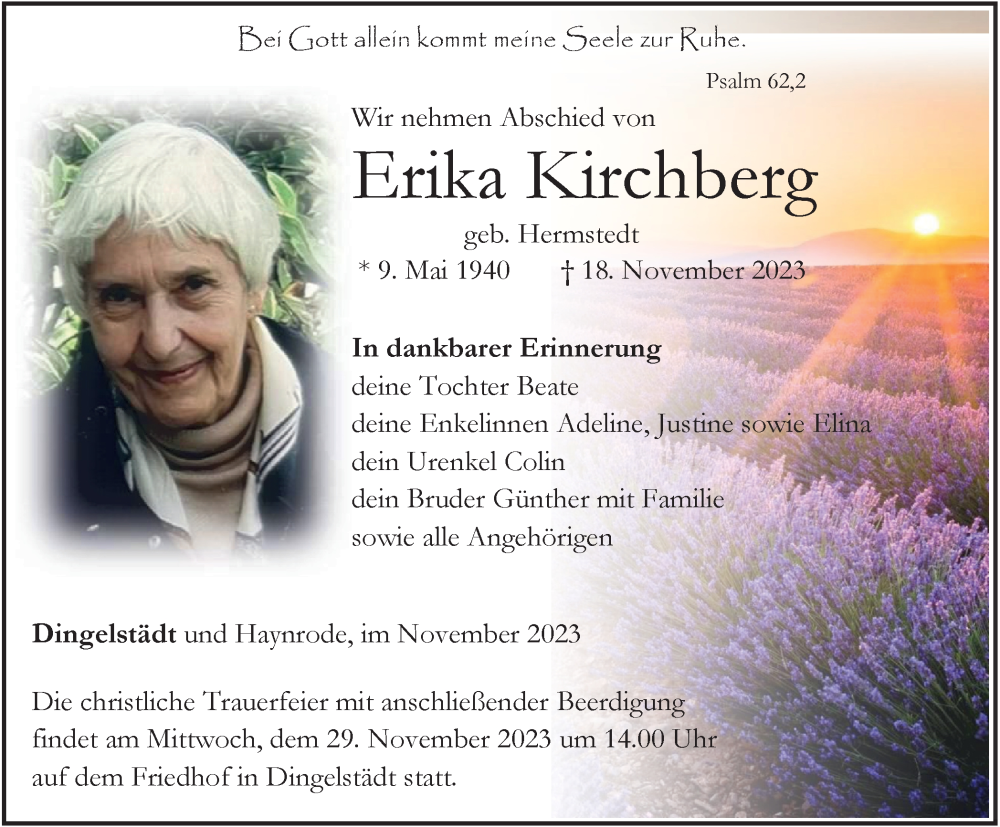  Traueranzeige für Erika Kirchberg vom 28.11.2023 aus Thüringer Allgemeine