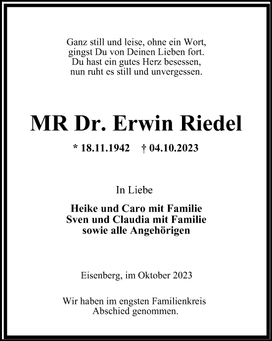 Traueranzeige von Erwin Riedel von Ostthüringer Zeitung