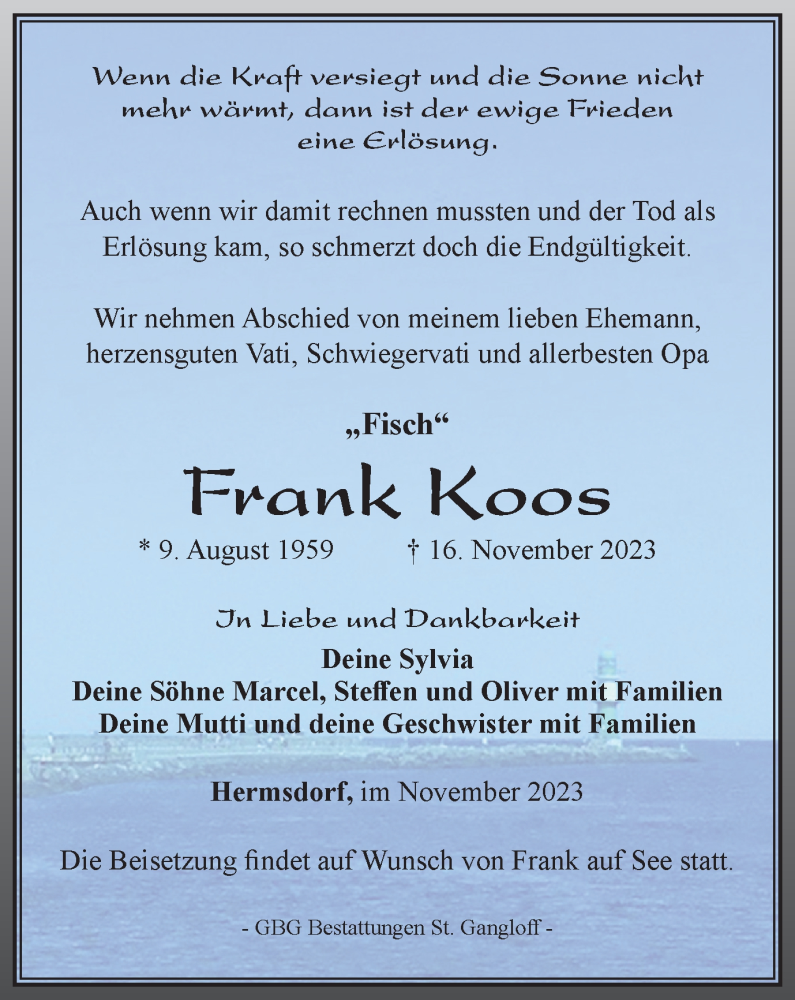  Traueranzeige für Frank Koos vom 25.11.2023 aus Ostthüringer Zeitung