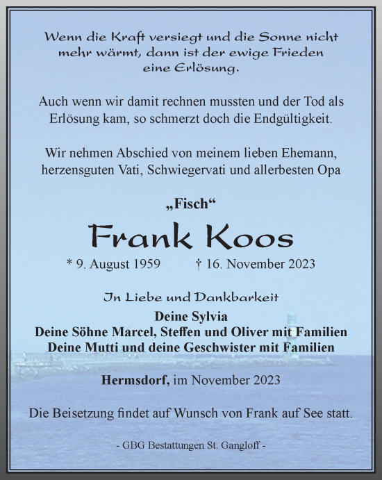 Traueranzeige von Frank Koos von Ostthüringer Zeitung