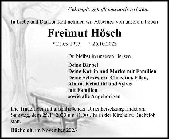 Traueranzeige von Freimut Hösch von Thüringer Allgemeine, Thüringische Landeszeitung
