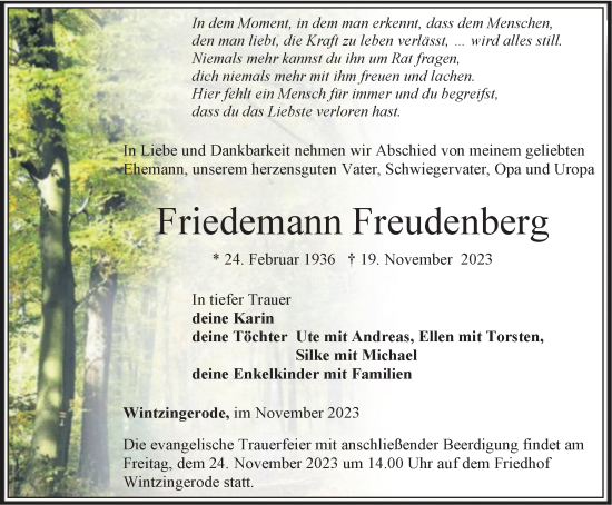 Traueranzeige von Friedemann Freudenberg von Thüringer Allgemeine