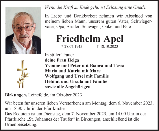 Traueranzeige von Friedhelm Apel von Thüringer Allgemeine