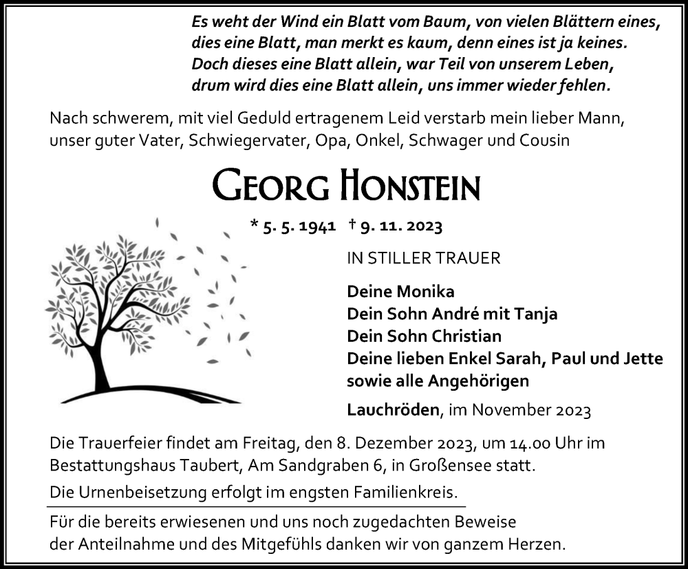  Traueranzeige für Georg Honstein vom 25.11.2023 aus Thüringer Allgemeine, Thüringische Landeszeitung