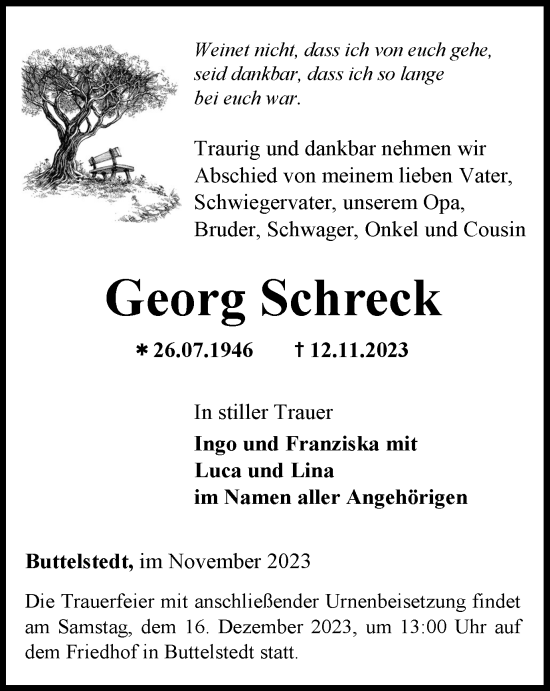Traueranzeige von Georg Schreck von Thüringer Allgemeine, Thüringische Landeszeitung