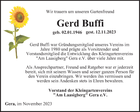 Traueranzeige von Gerd Buffi von Ostthüringer Zeitung