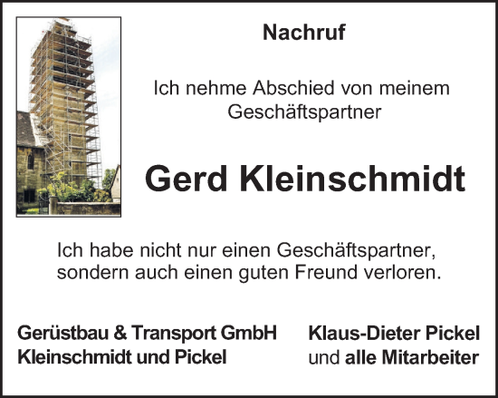 Traueranzeige von Gerd Kleinschmidt von Thüringer Allgemeine, Thüringische Landeszeitung