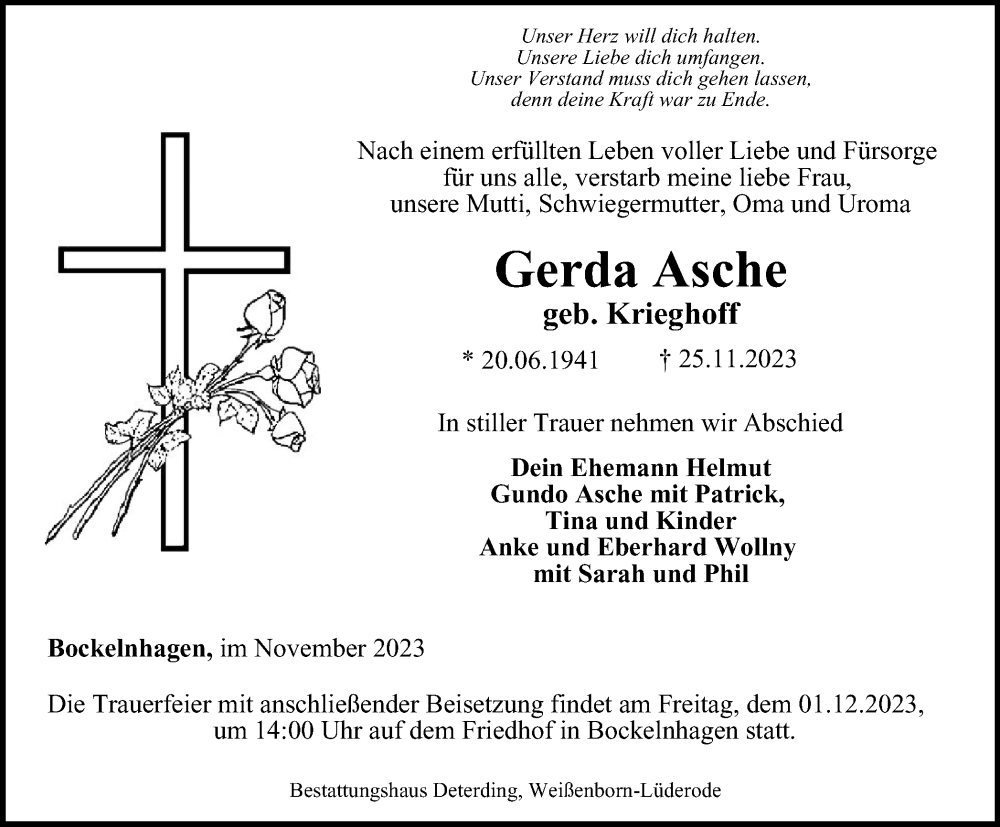  Traueranzeige für Gerda Asche vom 29.11.2023 aus Thüringer Allgemeine