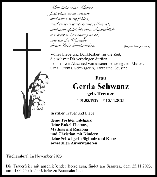 Traueranzeige von Gerda Schwanz von Ostthüringer Zeitung