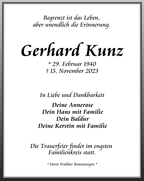Traueranzeige von Gerhard Kunz von Thüringer Allgemeine, Thüringische Landeszeitung