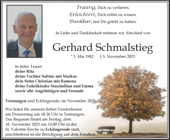 Traueranzeige von Gerhard Schmalstieg von Thüringer Allgemeine