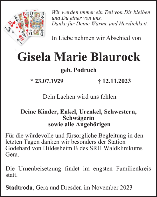 Traueranzeige von Gisela Marie Blaurock von Ostthüringer Zeitung