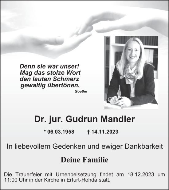 Traueranzeige von Gudrun Mandler von Thüringer Allgemeine, Thüringische Landeszeitung