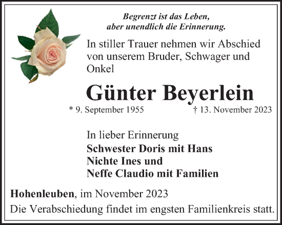 Traueranzeige von Günter Beyerlein von Ostthüringer Zeitung