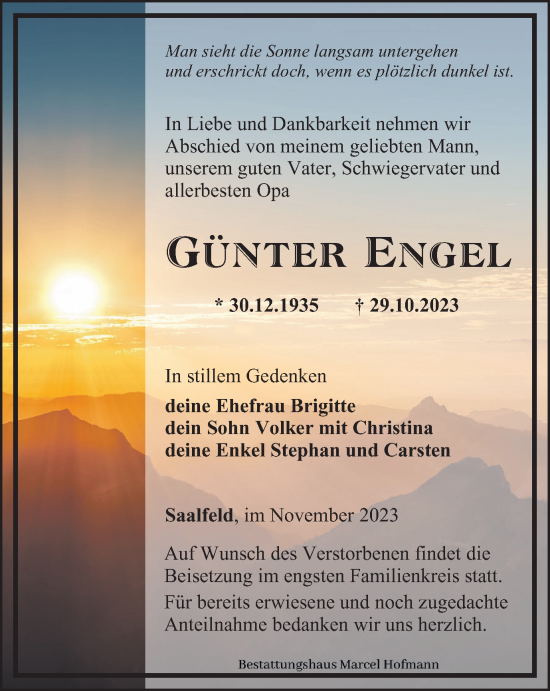 Traueranzeige von Günter Engel von Ostthüringer Zeitung