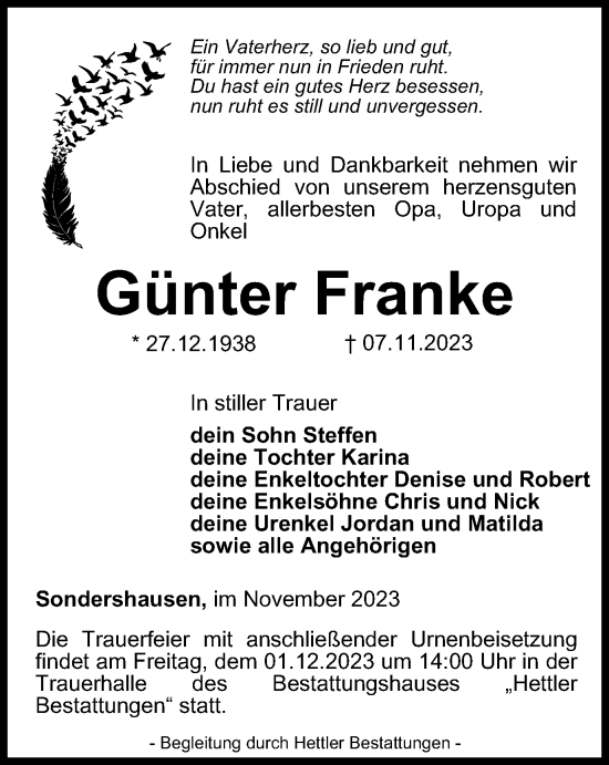 Traueranzeige von Günter Franke von Thüringer Allgemeine