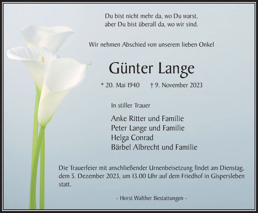  Traueranzeige für Günter Lange vom 18.11.2023 aus Thüringer Allgemeine, Thüringische Landeszeitung