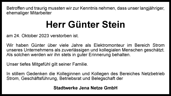 Traueranzeige von Günter Stein von Ostthüringer Zeitung, Thüringische Landeszeitung