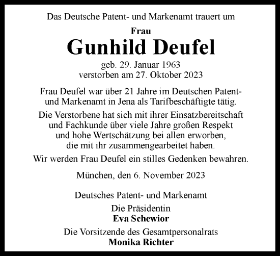 Traueranzeige von Gunhild Deufel von Thüringer Allgemeine