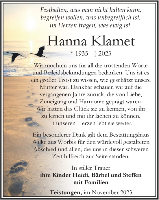 Traueranzeige von Hanna Klamet von Thüringer Allgemeine