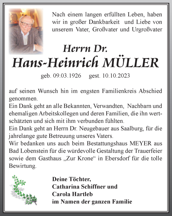 Traueranzeige von Hans-Heinrich Müller von Ostthüringer Zeitung