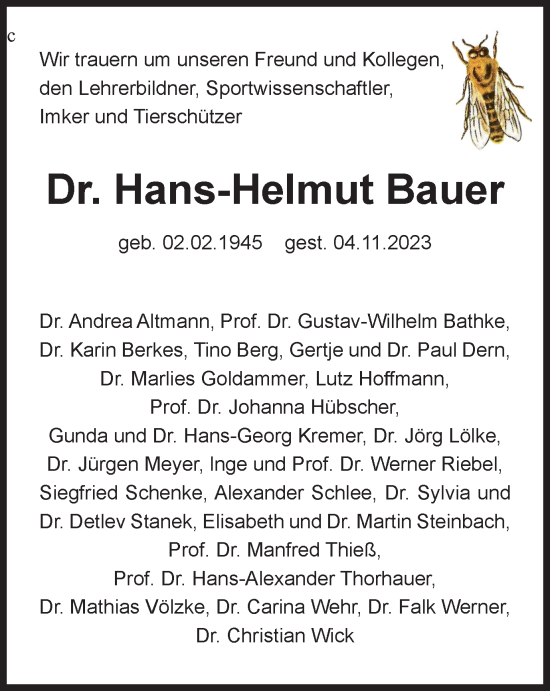 Traueranzeige von Hans-Helmut Bauer von Ostthüringer Zeitung, Thüringische Landeszeitung