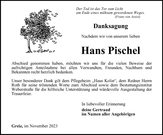 Traueranzeige von Hans Pischel