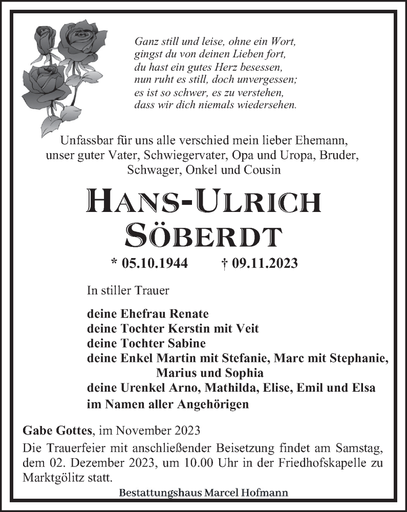  Traueranzeige für Hans-Ulrich Söberdt vom 25.11.2023 aus Ostthüringer Zeitung