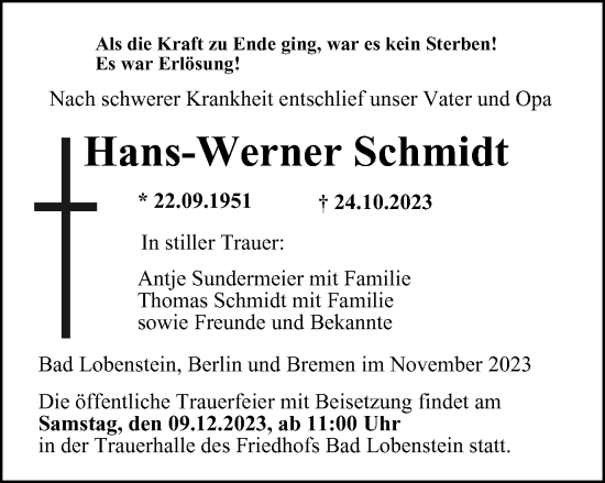 Traueranzeige von Hans-Werner Schmidt von Ostthüringer Zeitung