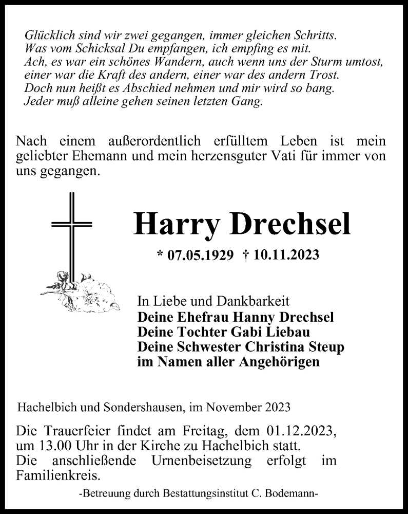  Traueranzeige für Harry Drechsel vom 25.11.2023 aus Thüringer Allgemeine