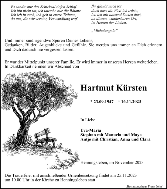 Traueranzeige von Hartmut Kürsten von Thüringer Allgemeine, Thüringische Landeszeitung
