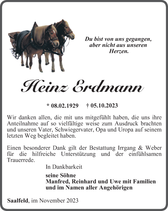 Traueranzeige von Heinz Erdmann von Ostthüringer Zeitung