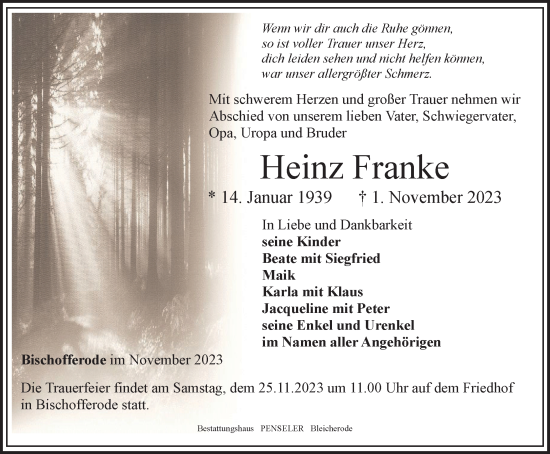 Traueranzeige von Heinz Franke von Thüringer Allgemeine