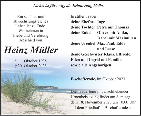 Traueranzeige von Heinz Müller von Thüringer Allgemeine
